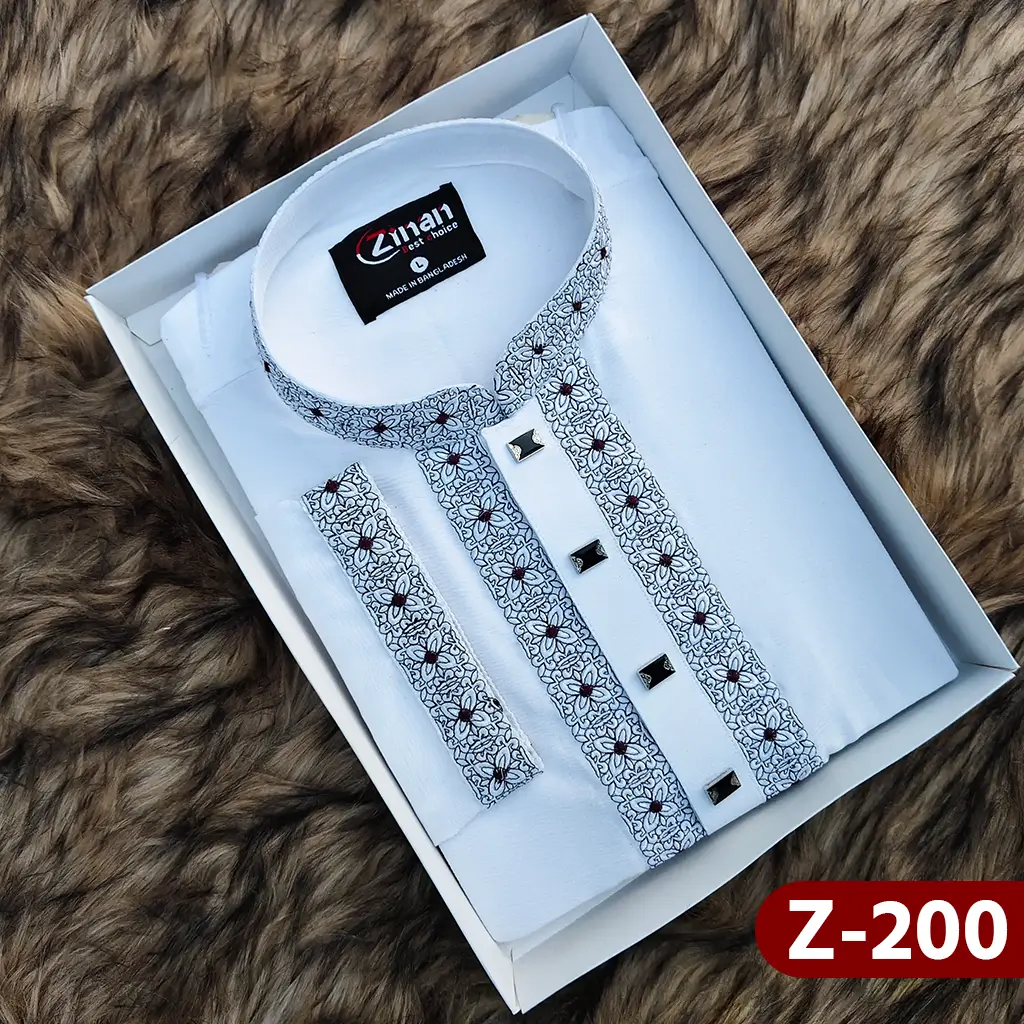 Zafran Fabric Premium Embroidery Panjabi (White)