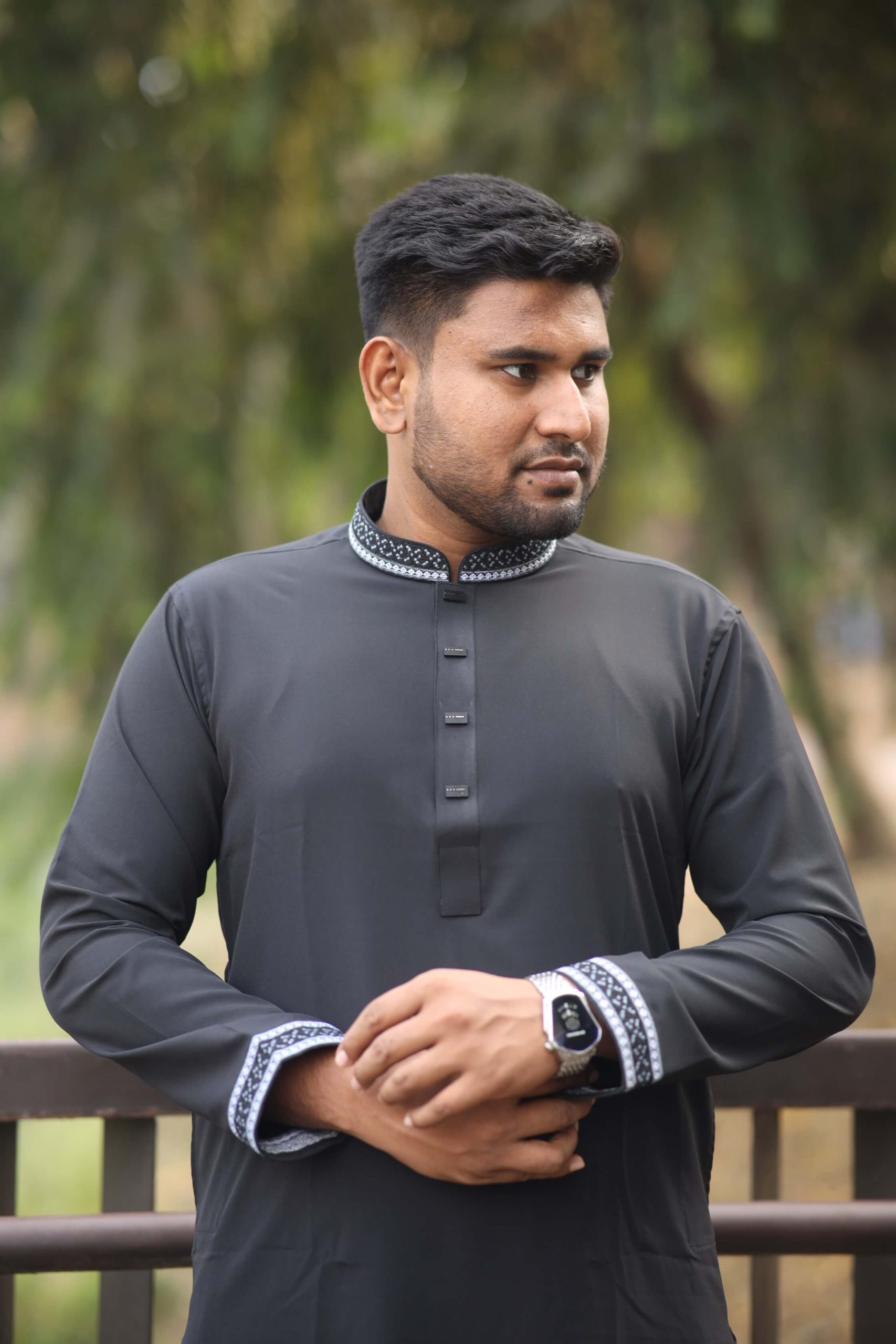 Simple design embroidery Panjabi (Black) - Image 2