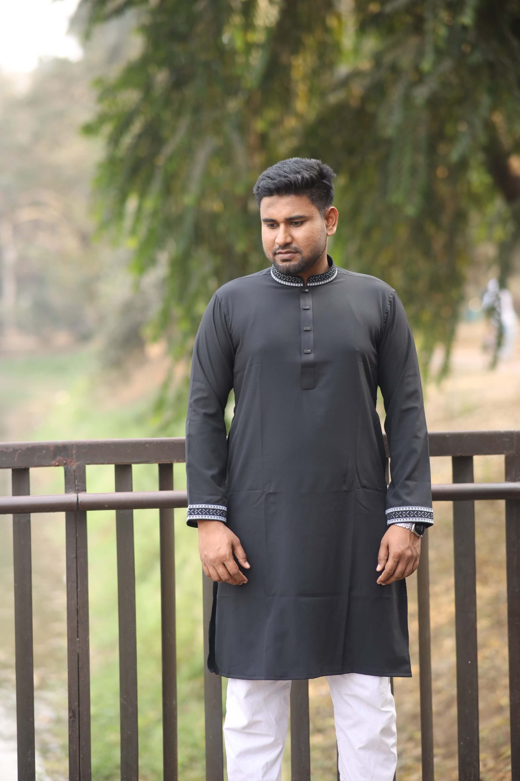 Simple design embroidery Panjabi (Black) - Image 4